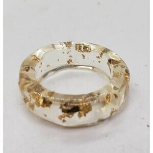 Vintage Clear Lucite Resin Ring Genuine Real Gold Leaf Flakes Inlaid Handmade